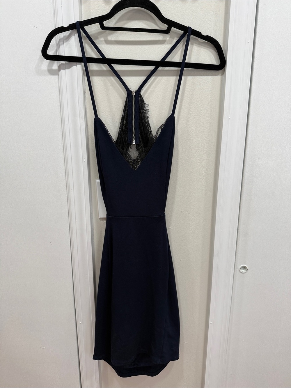 Lush Navy Lace-Back Spaghetti Strap Mini Dress